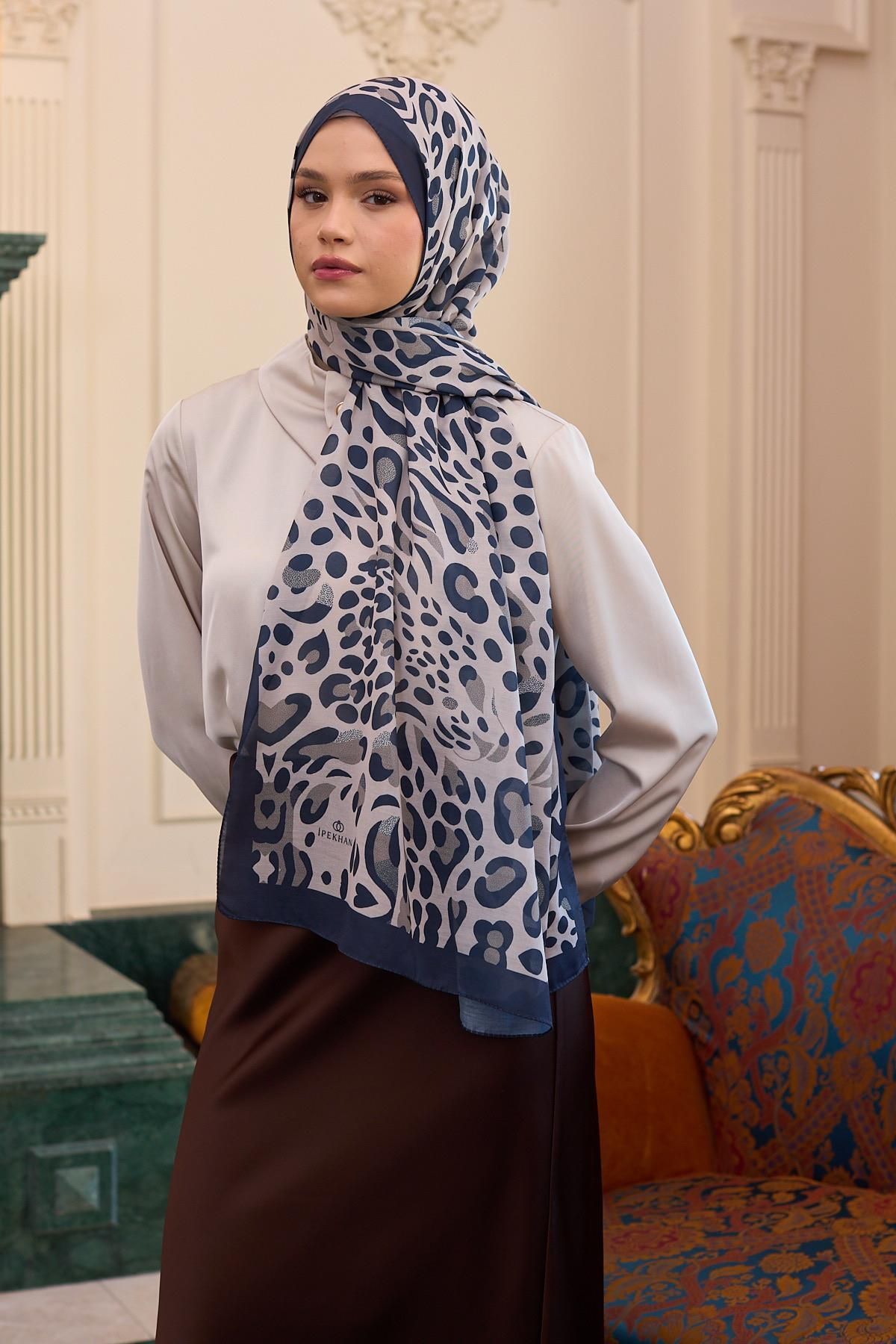 İpekhan İpekhan Soft Şal Lacivert Beyaz Leopar 3050-12