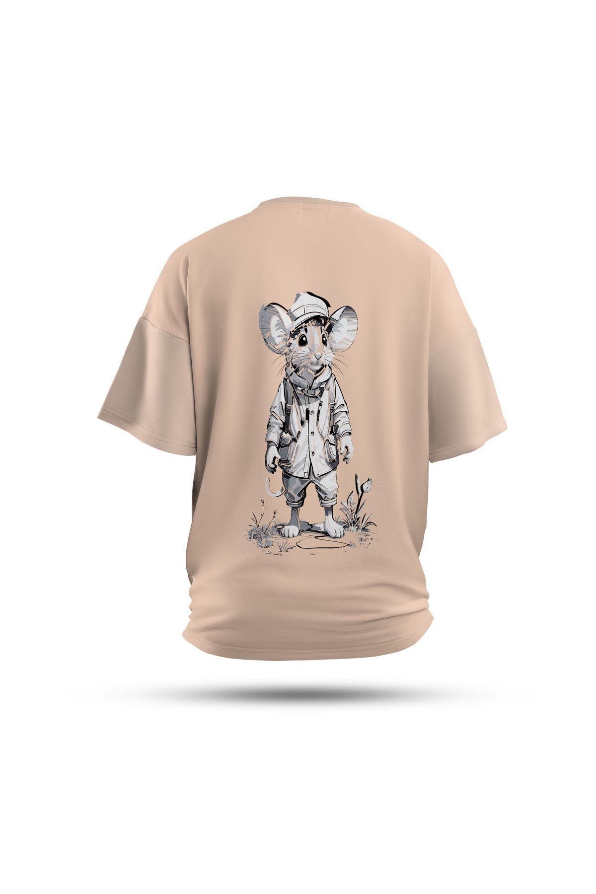 Zestia Unisex T-Shirt, Fare Sırt Baskılı, Regular, %100 Pamuk, Krem T-Shirt No: 0029