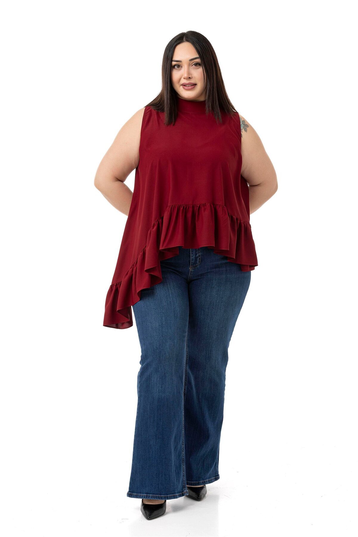 DISENTIS MODEST-Large Size Asymmetrical Cut Skirt Ruffled Half Standing Collar Burgundy Blouse 2