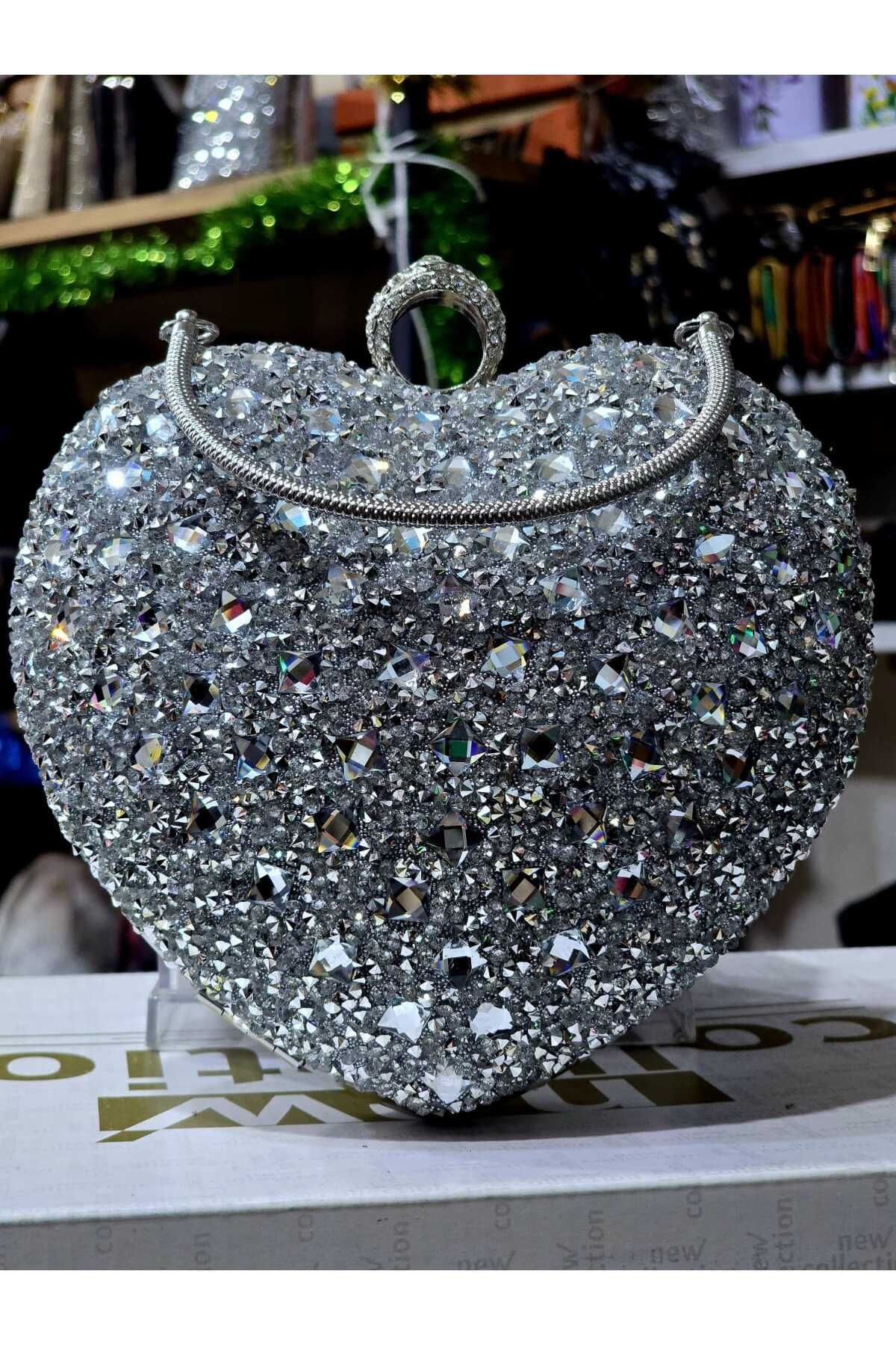 ELMASSY İri Kristal Taşlı Yüzük Düğme Detaylı Kadın El ve Omuz Abiye Çantası