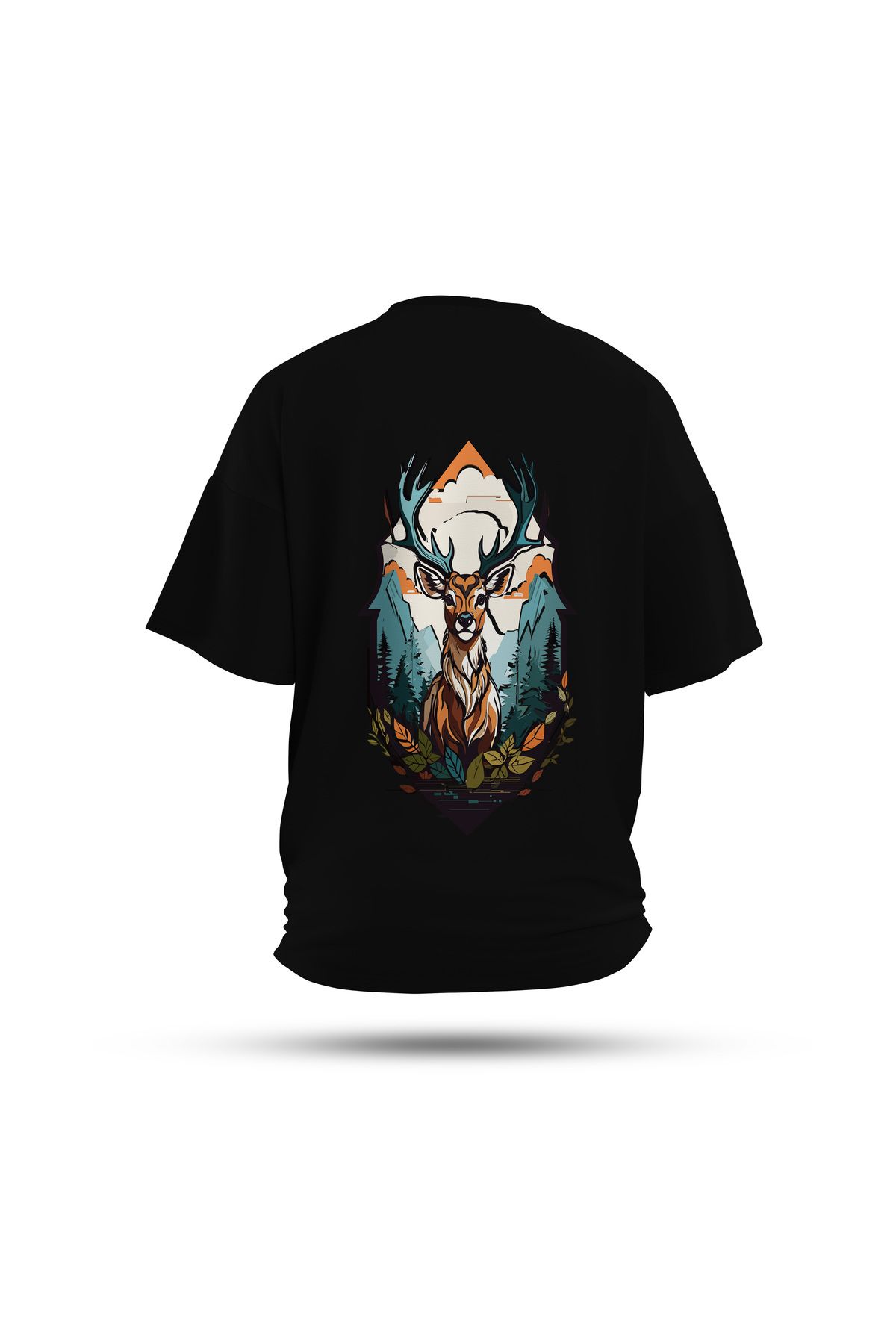 Zestia Unisex T-Shirt, Geyik Sırt Baskılı, Regular, %100 Pamuk, Siyah T-Shirt No: 0025