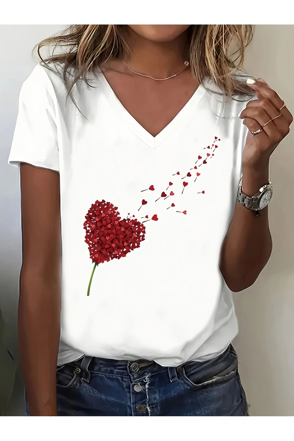 WOODROFFE Kadın Kalpten Çiçek Baskılı V yaka T-Shirt Baskılı Oversize Salaş