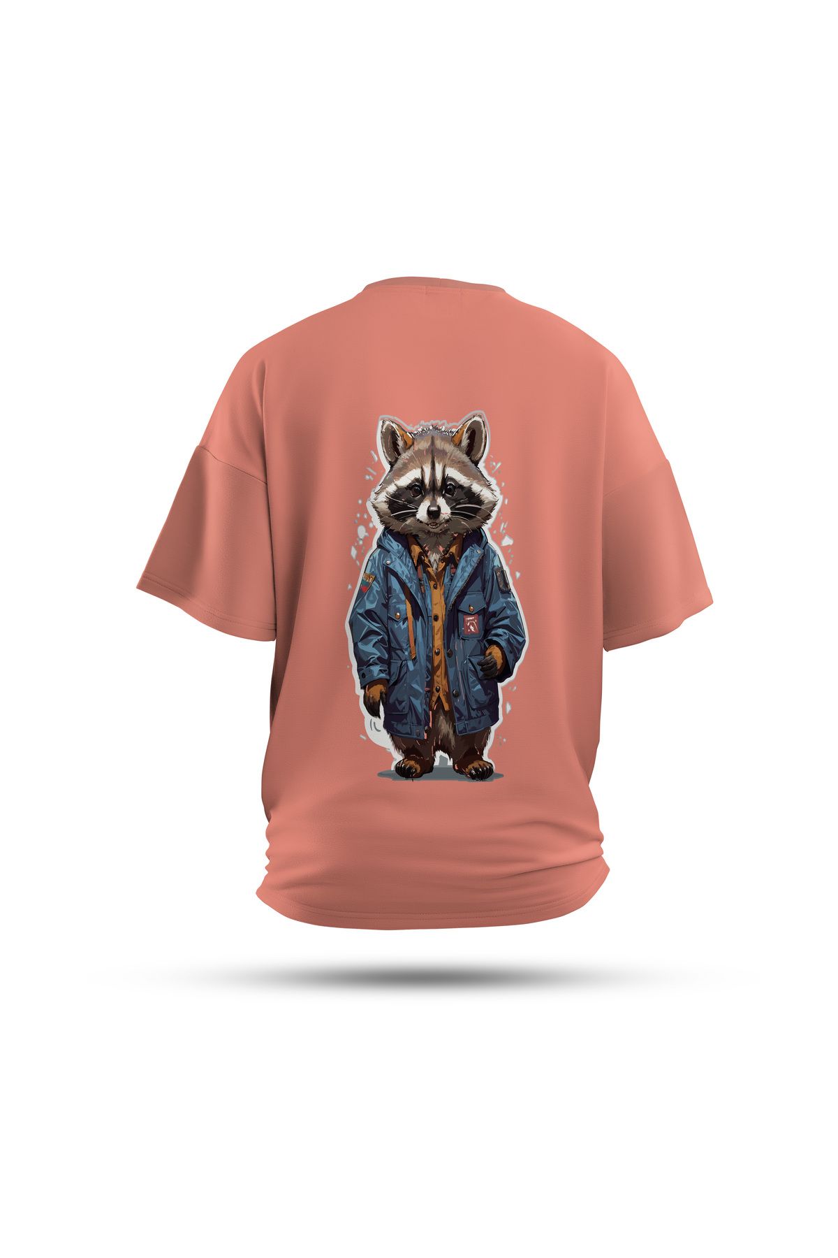 Zestia Unisex T-Shirt, Rakun Sırt Baskılı, Regular, %100 Pamuk, Somon T-Shirt No: 0050