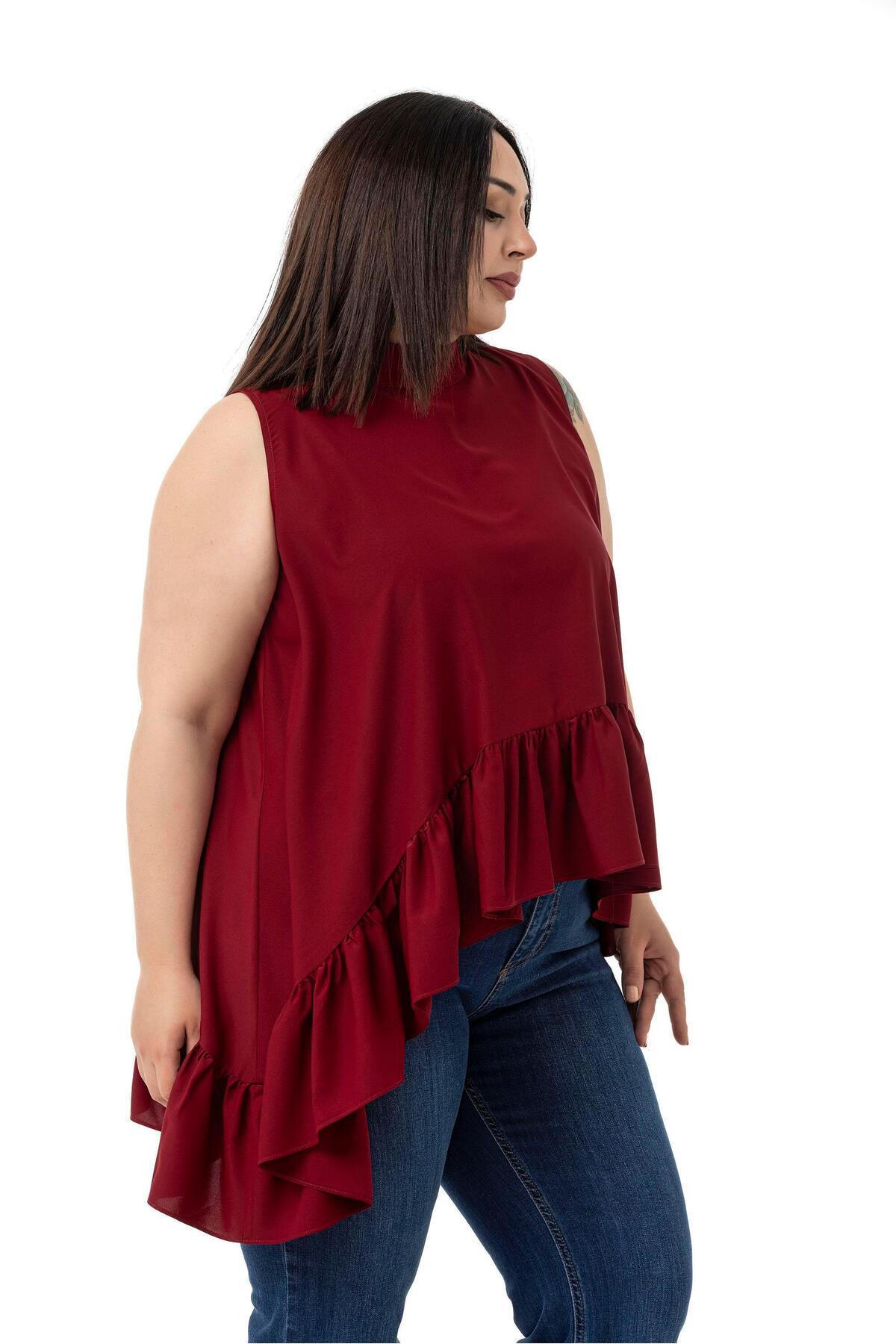 DISENTIS MODEST-Large Size Asymmetrical Cut Skirt Ruffled Half Standing Collar Burgundy Blouse 4