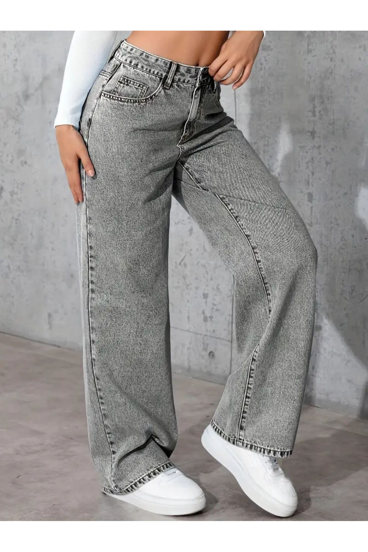 beeke Kayla Gri Süper Yüksek Bel Wide Leg Jeans Likralı Salaş Paça Denim Kot Pantolon