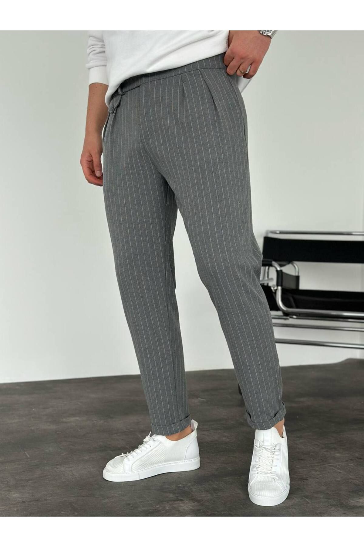 KHAYN ERKEK İTALYAN KESİM ÇİZGİLİ DUBLE PAÇA PİLELİ BEL DETAYLI KUMAŞ PANTALON K2044KP