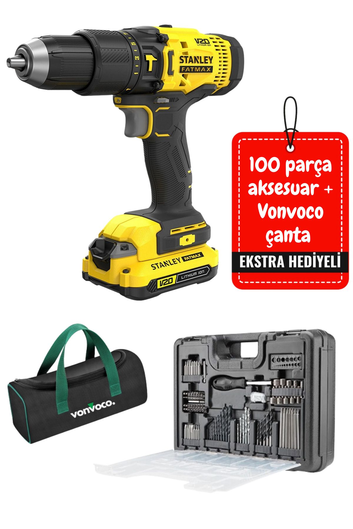 Stanley Fatmax Profesyonel 18v 2ah V20 Çift Akülü Matkap Seti Şarjlı Vidalama Makinesi