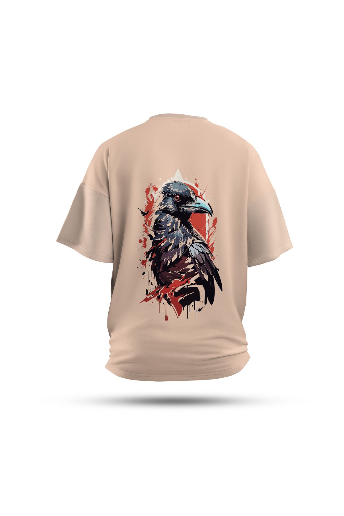 Zestia Unisex T-Shirt, Karga Sırt Baskılı, Regular, %100 Pamuk, Krem T-Shirt No: 0033