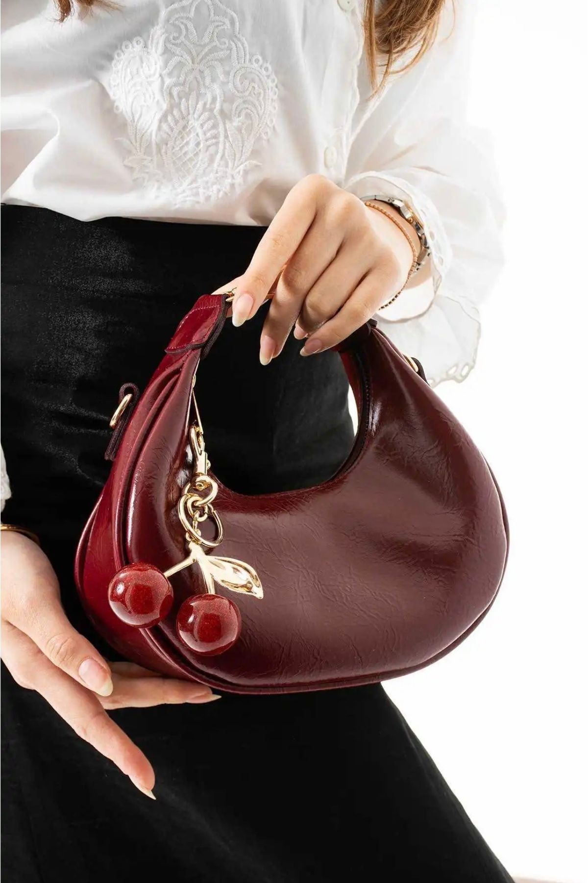 grand coco Kadın bordo charm hediyeli el ve omuz çantası