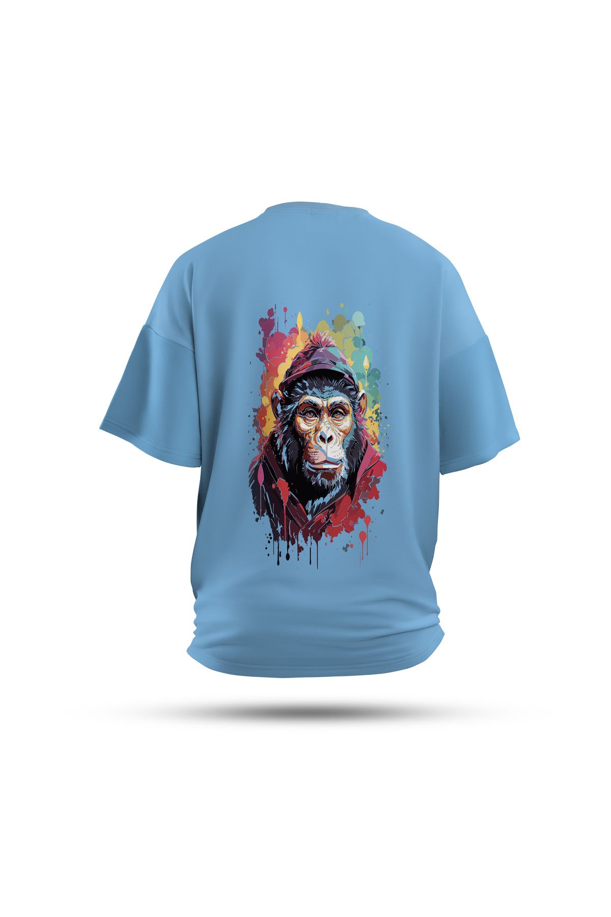 Zestia Unisex T-Shirt, Maymun Sırt Baskılı, Regular, %100 Pamuk, Mavi T-Shirt No: 0049