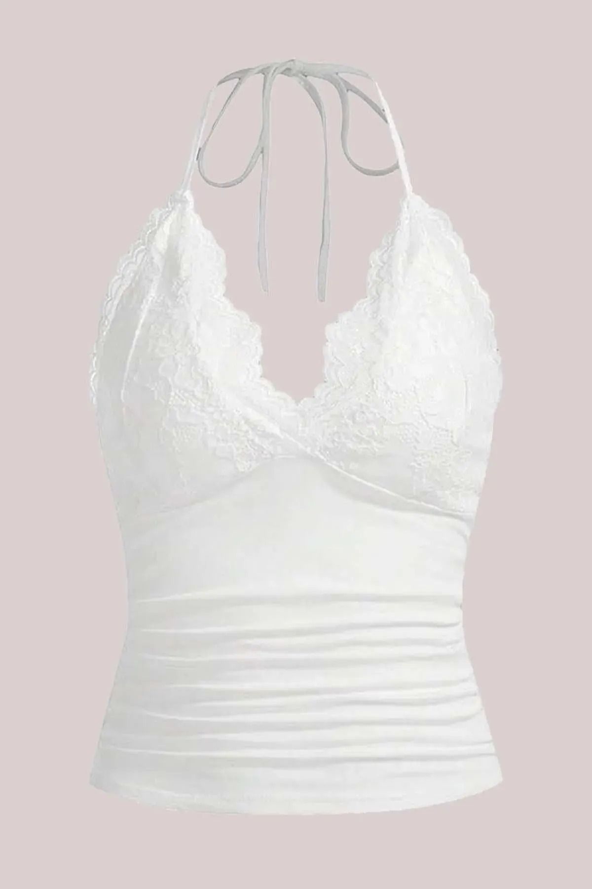 weywot Beyaz Dantelli V Yaka Gothic Boyun Bağlamalı Full Body Crop