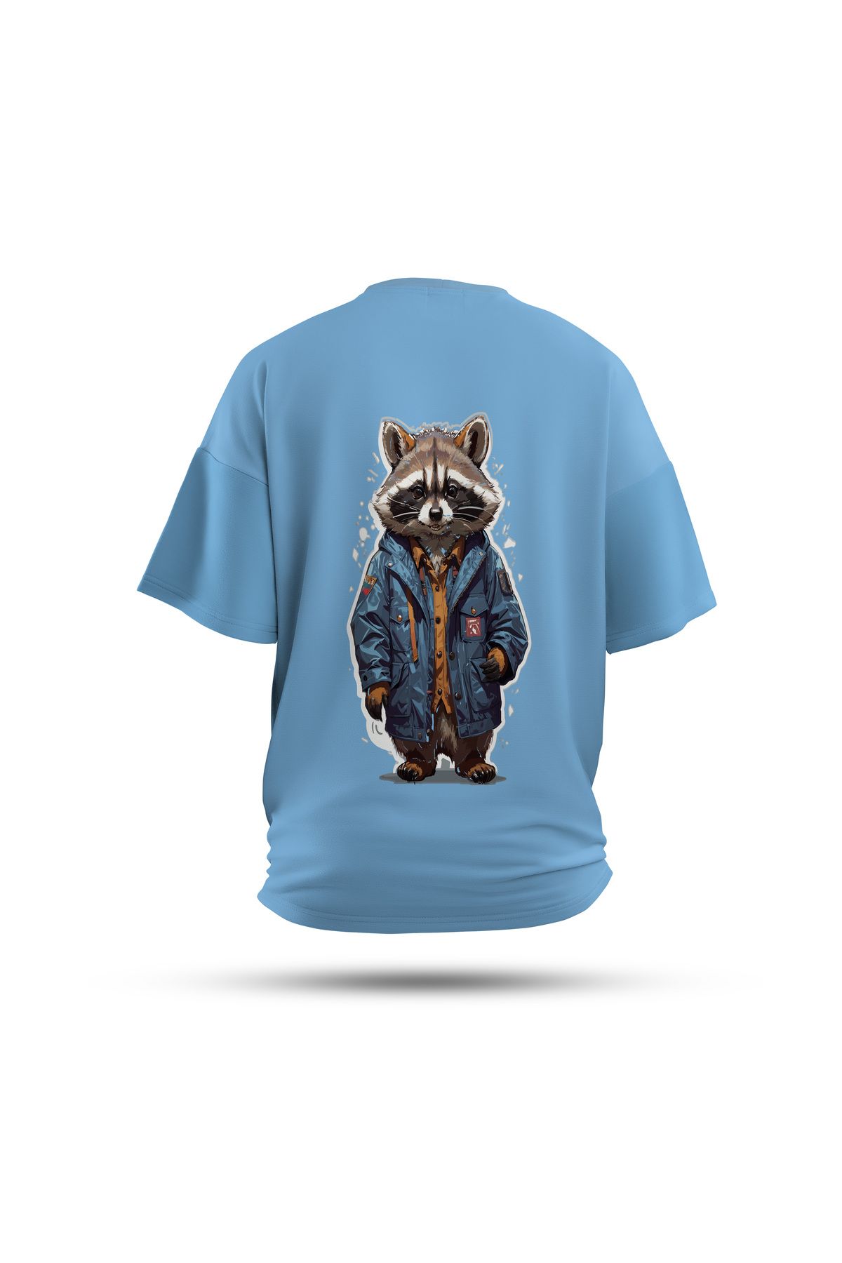Zestia Unisex T-Shirt, Rakun Sırt Baskılı, Regular, %100 Pamuk, Mavi T-Shirt No: 0050