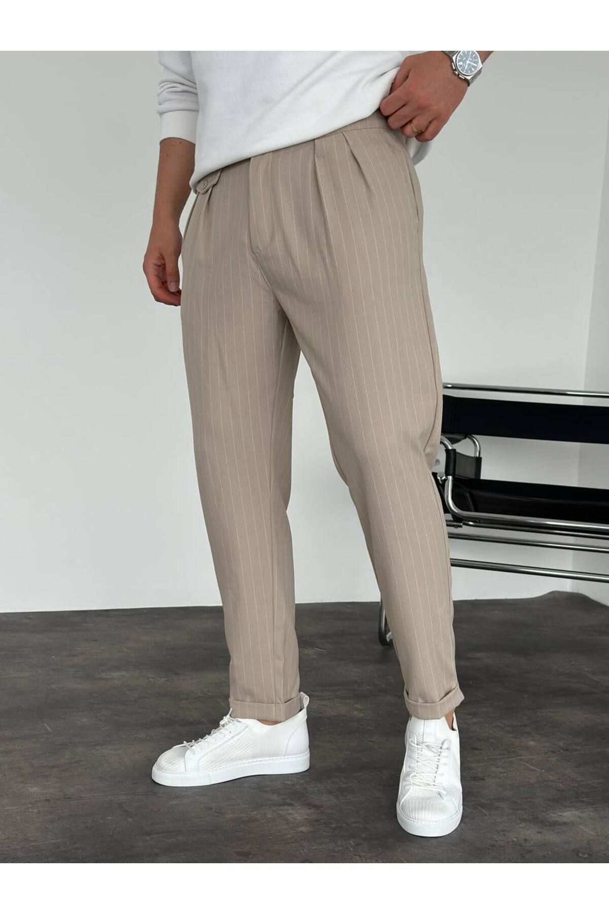 KHAYN ERKEK İTALYAN KESİM ÇİZGİLİ DUBLE PAÇA PİLELİ BEL DETAYLI KUMAŞ PANTALON K2044KP