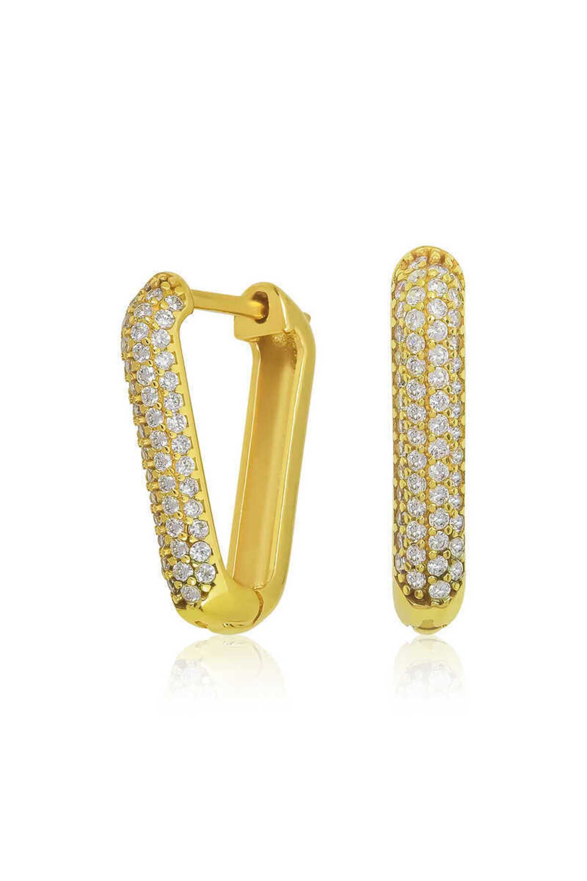 Huramarketing Gümüş Gold Beyaz Taşlı Üçgen Küpe