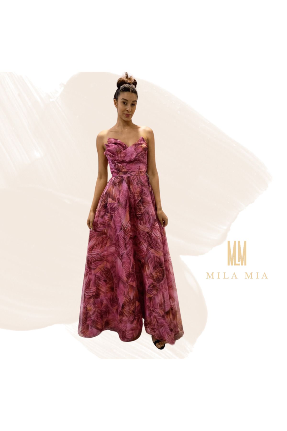 Butik Mila Mia Turkey Straplez Desenli Organze Abiye – Pembe Tonlar