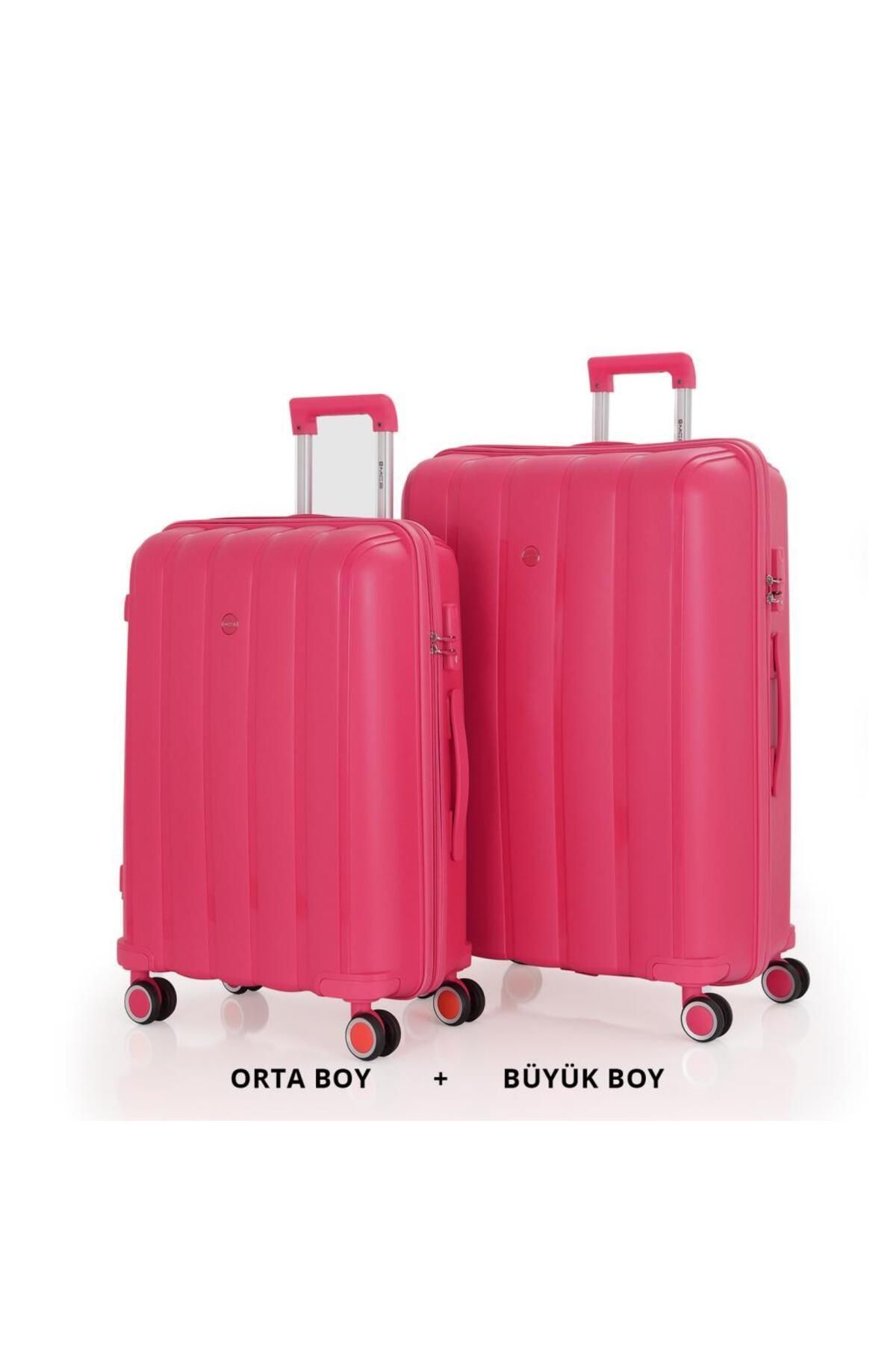 MÇS Bavul Büyük ve Orta 2li Set Kırılmaz Silikon Valiz V305 Fuşya