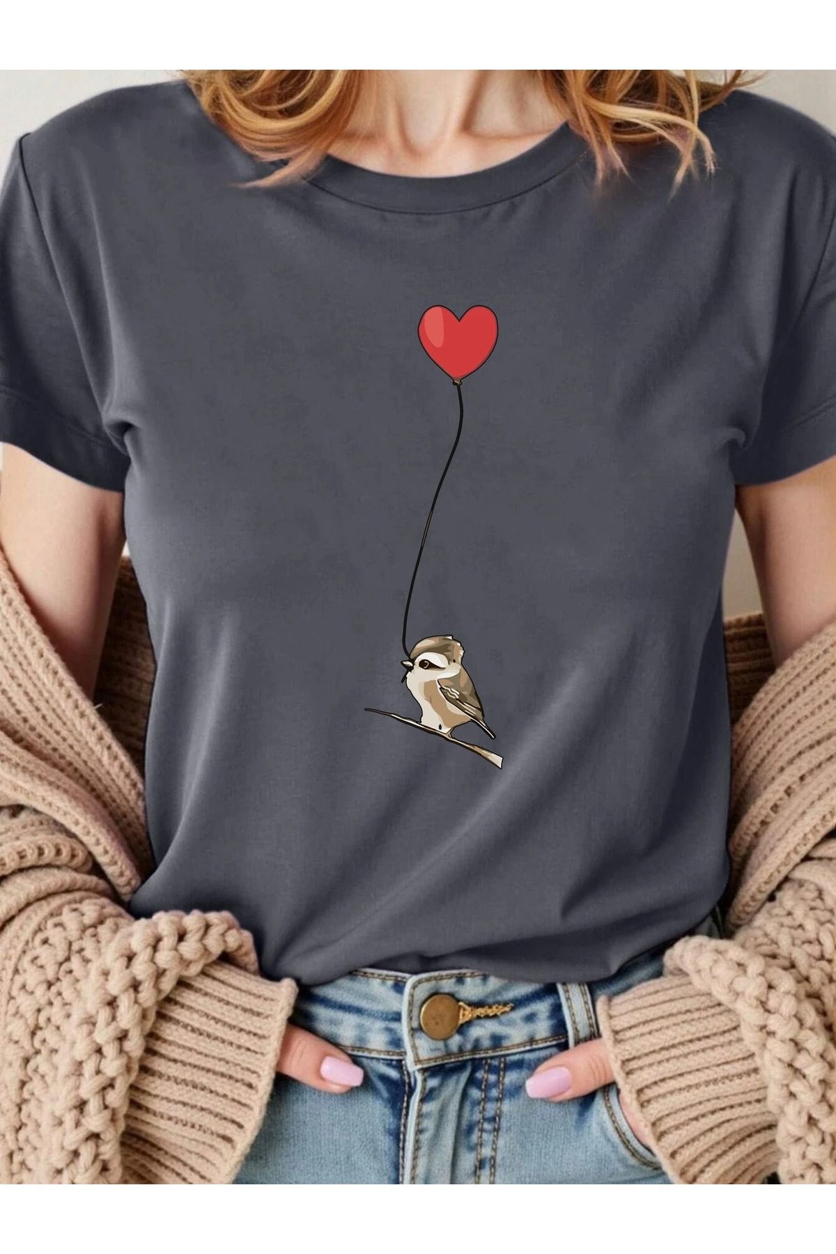 WOODROFFE Kadın Kuş Balon Grafikli Bisiklet Yaka T-shirt Oversize Salaş Boyfirend Siyah