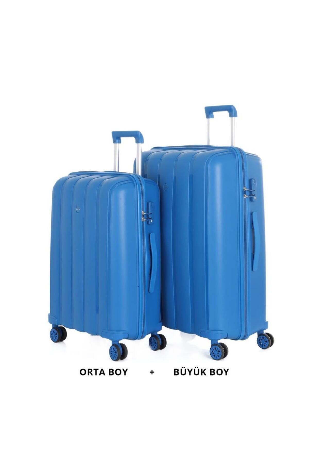 MÇS Bavul Büyük ve Orta 2li Set Kırılmaz Silikon Valiz V305 SaksMavi