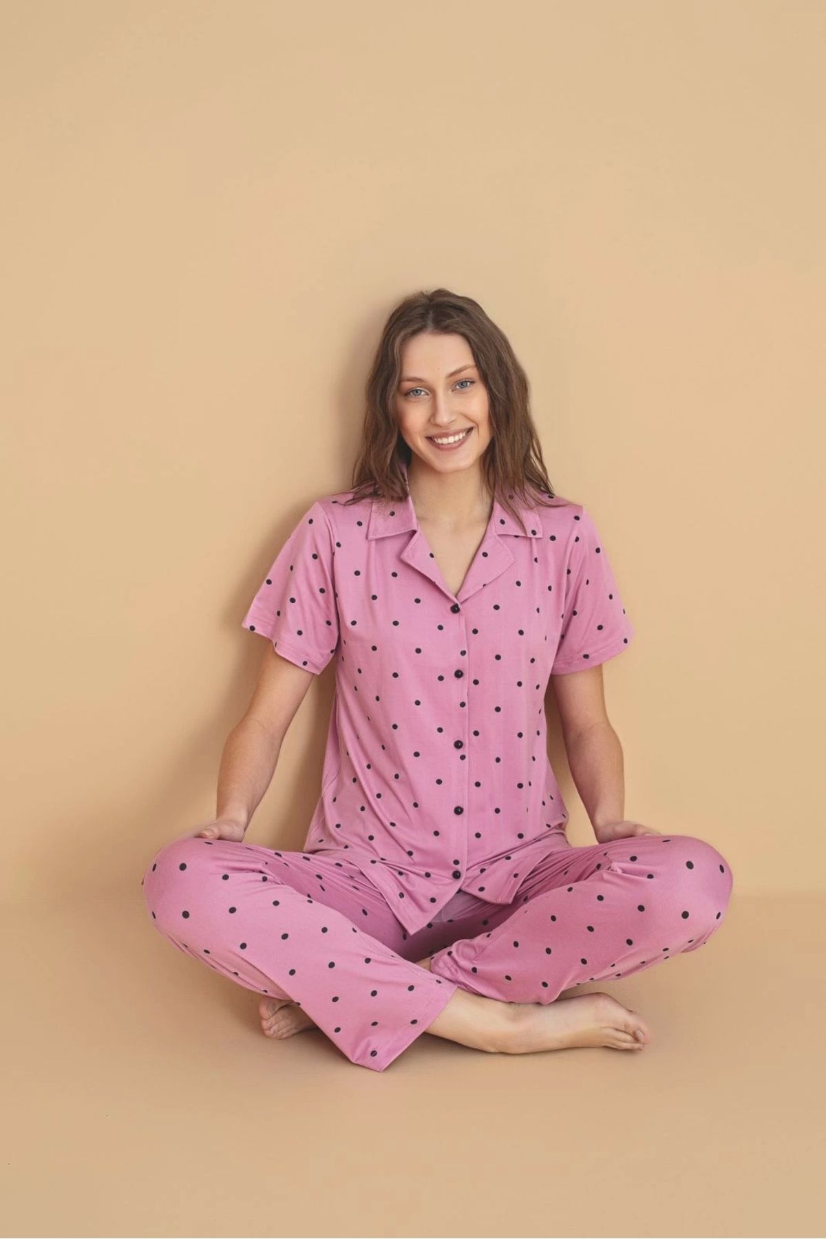 PİJAMERRY Pijamerry Kadın Milan Kumaş Gömlek Yaka Puantiyeli Pembe Pijama Takımı