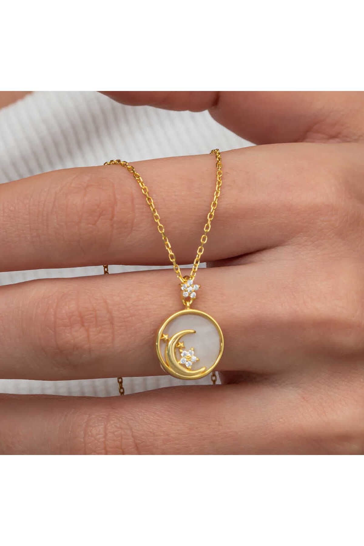 Huramarketing Gümüş Gold Taşlı Ay Yıldız Hilal Kadın Kolye