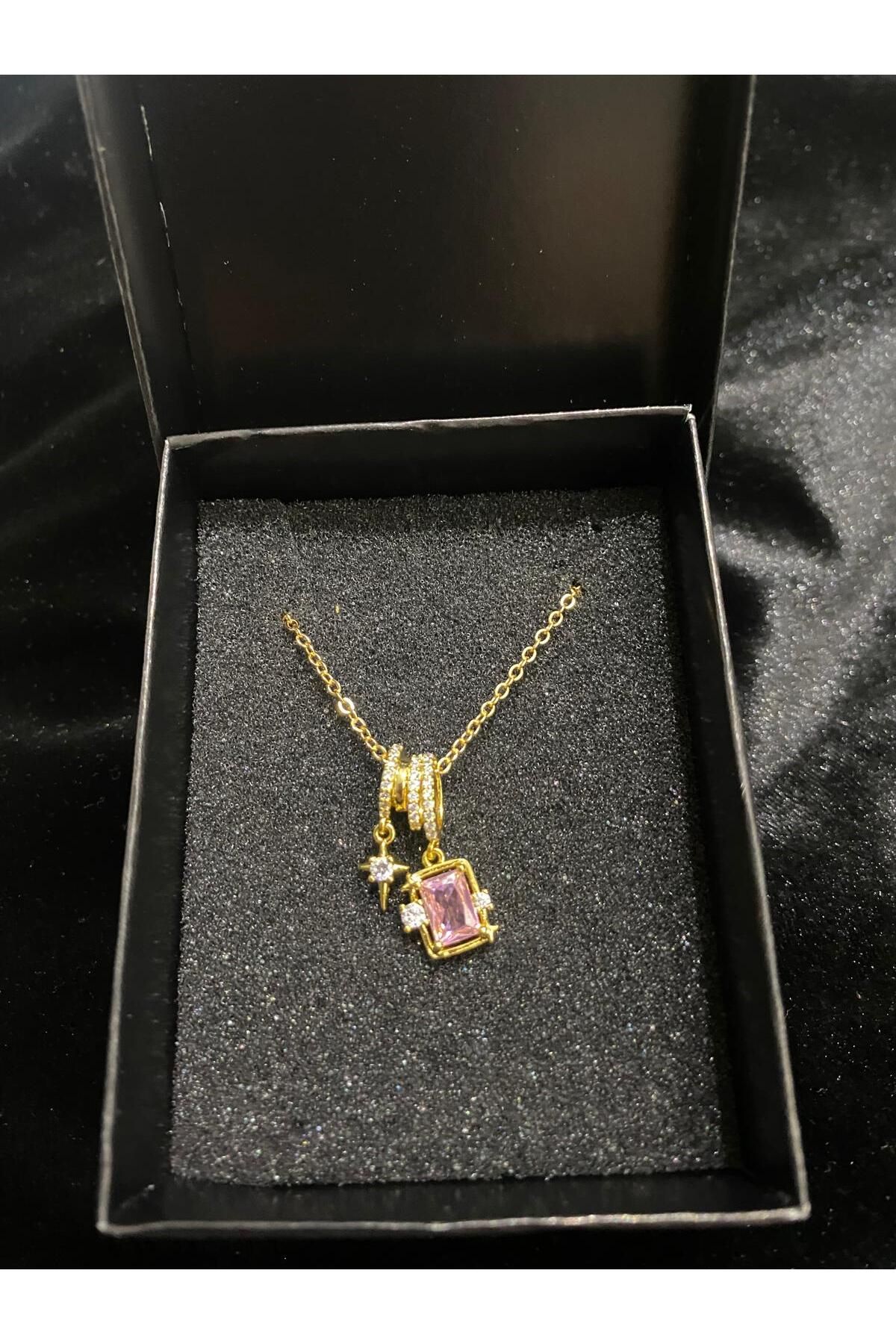 KANERUZ Pembe Taşlı Baget ve Kuzey Yıldızı Çelik Kolye