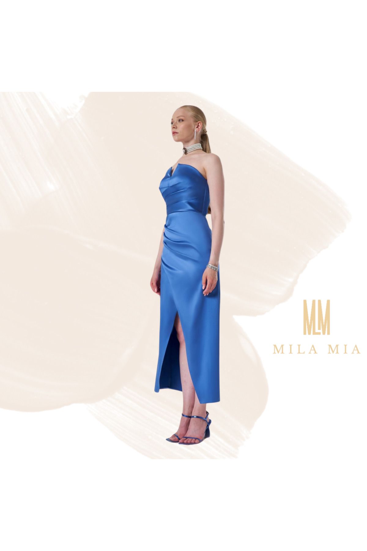 Butik Mila Mia Turkey Straplez Drapeli Kruvaze Yırtmaçlı Saten Abiye
