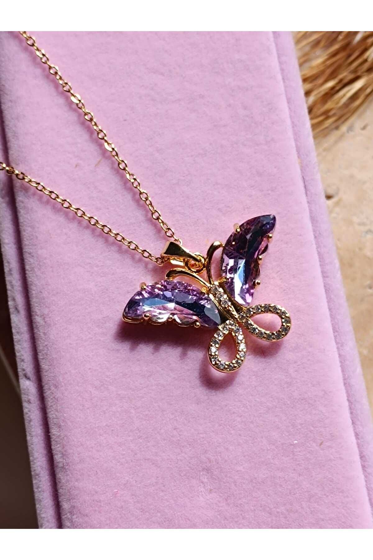 Fallinlove Çelik Mor Taşlı Kelebek Kolye