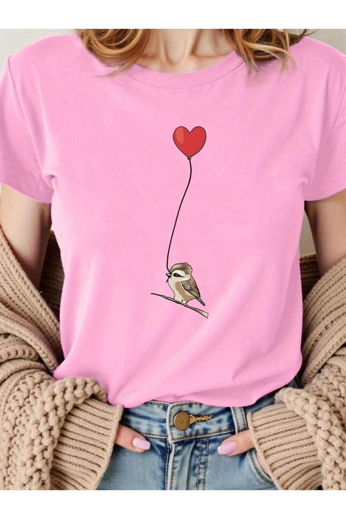 WOODROFFE Kadın Kuş Balon Grafikli Bisiklet Yaka T-shirt Oversize Salaş Boyfirend Siyah