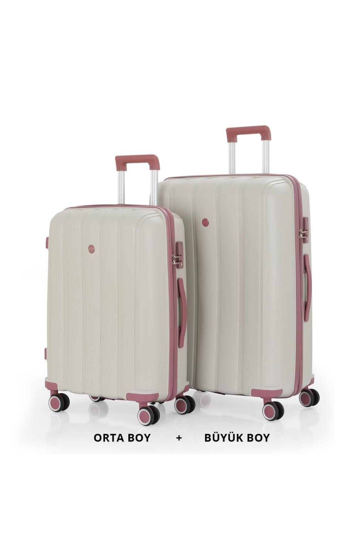 MÇS Bavul Büyük ve Orta 2li Set Kırılmaz Silikon Valiz V305 Kemik/KoyuPudra