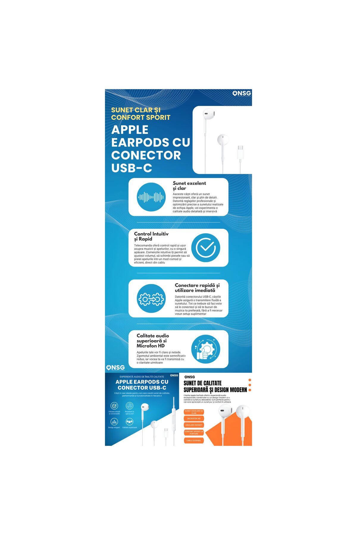Apple-Căști intraauriculare Earpods USB-C, sunet clar, microfon, control volum, alb 6
