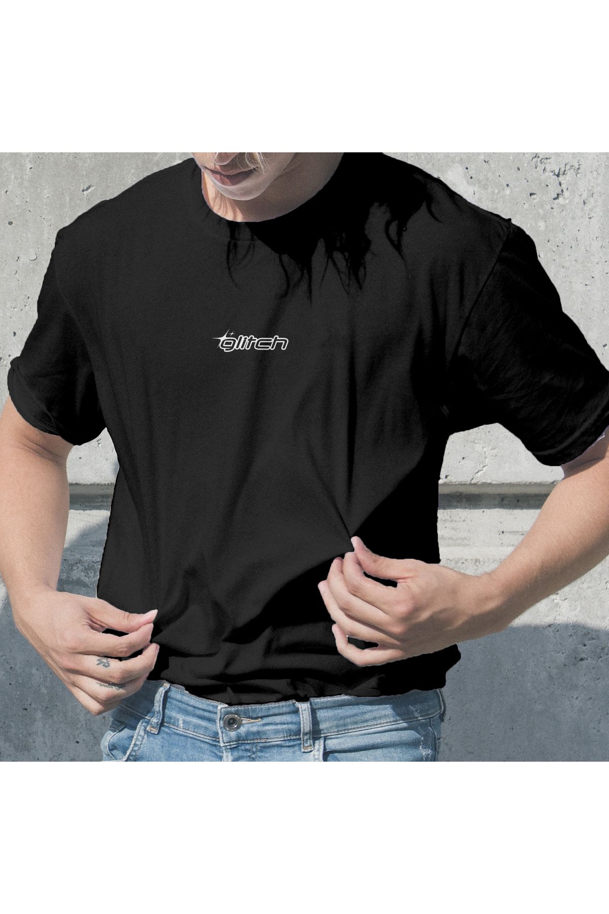 MODA Glitch Baskılı Oversize Geniş Kalıp Bisiklet Yaka Tişört