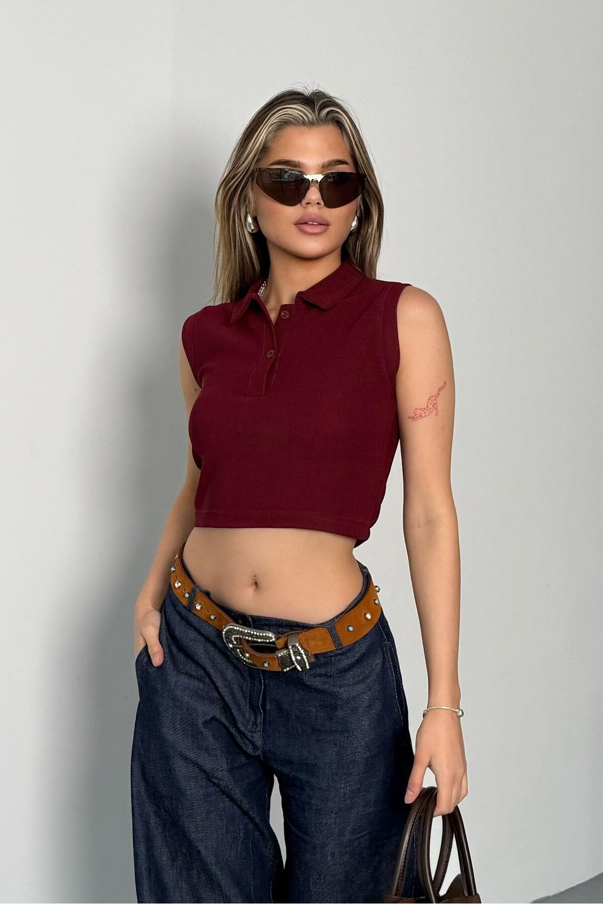 Yazlık Ottoman Kumaş Polo Yaka Düğmeli Bordo Bluz