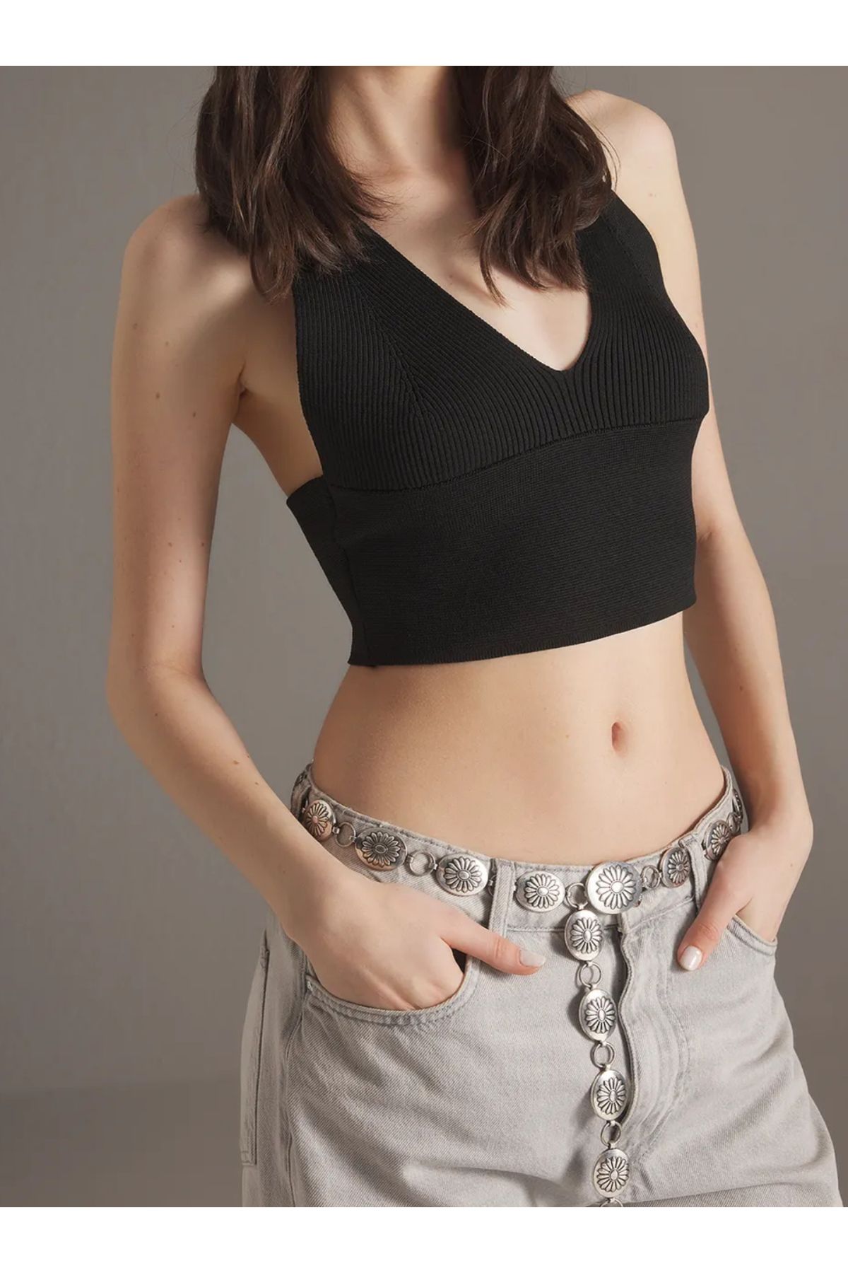 Butik Siyah Crop Korse Detaylı İnce Yazlık Bluz