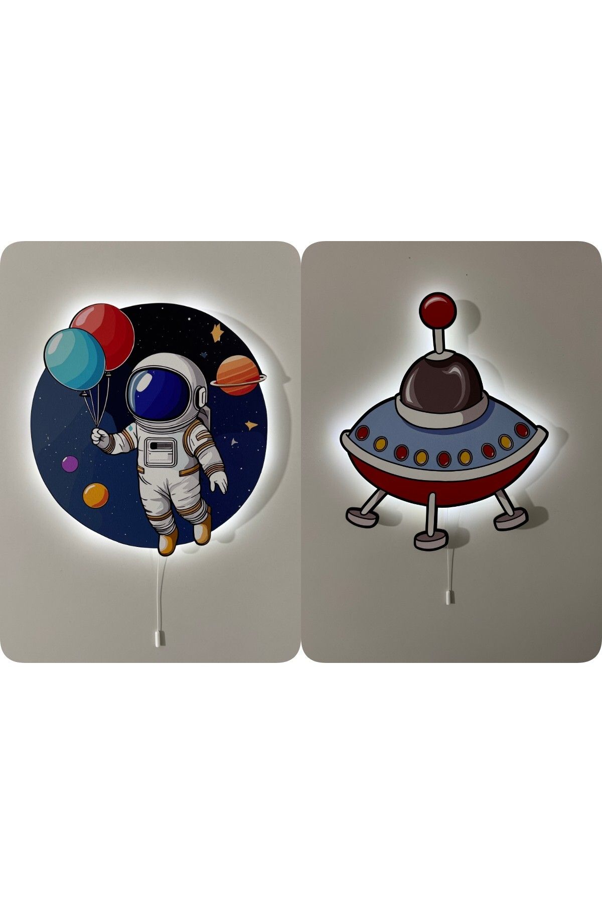 UViolets Dekoratif Ahşap Baskılı Balonlu Astronot ve Uzay Temalı Çocuk Odası Gece Lambası (2'Lİ ÜRÜN)