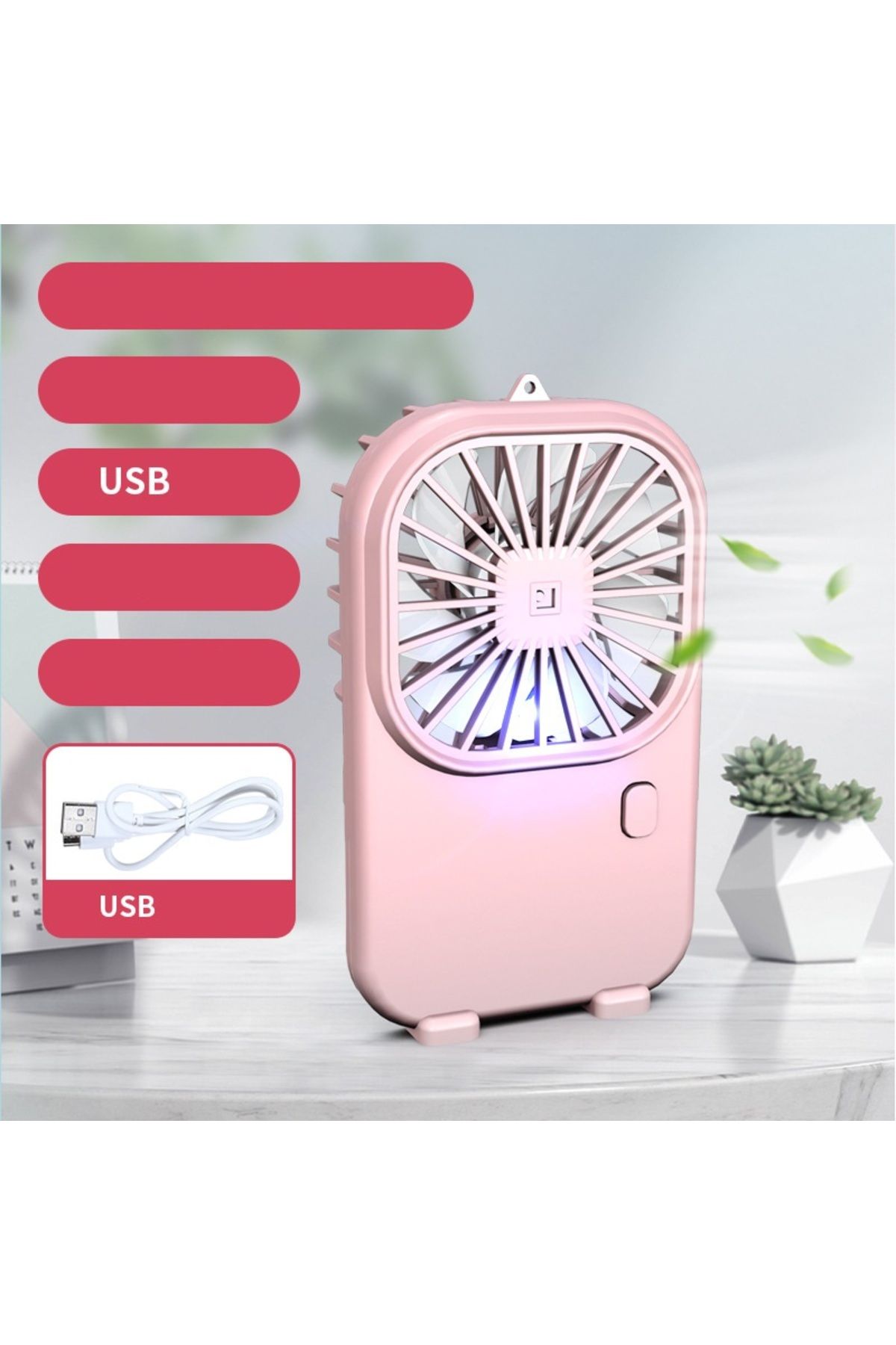 Livava Işıklı Mini Fan, Usb li ve Şarj Edilebilir, Pembe, 14x8
