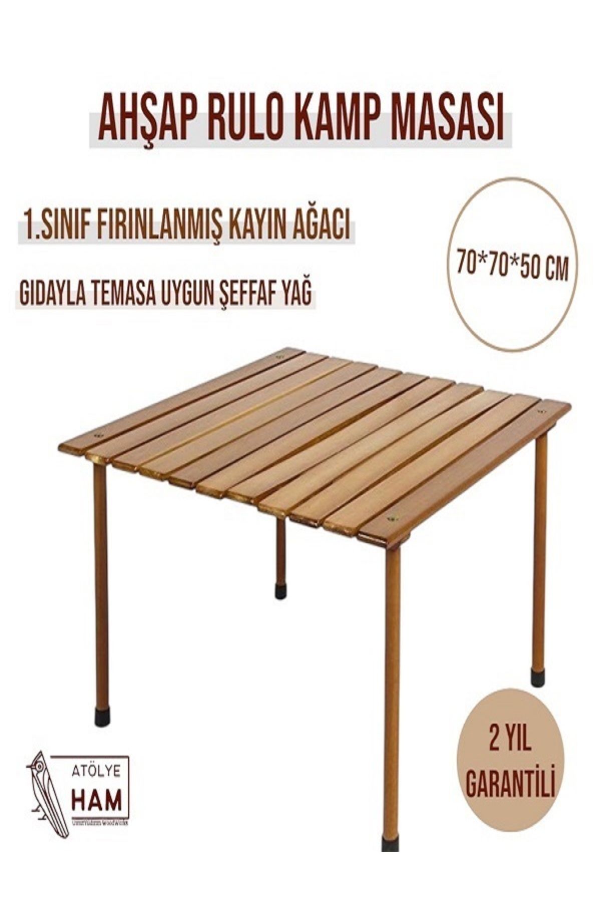 Atölye Ham Kamp Masası, Katlanabilir, Çantalı, Bahçe Balkon Plaj Piknik Masası 1.sınıf Kayın Ağacı (70*70*50cm)