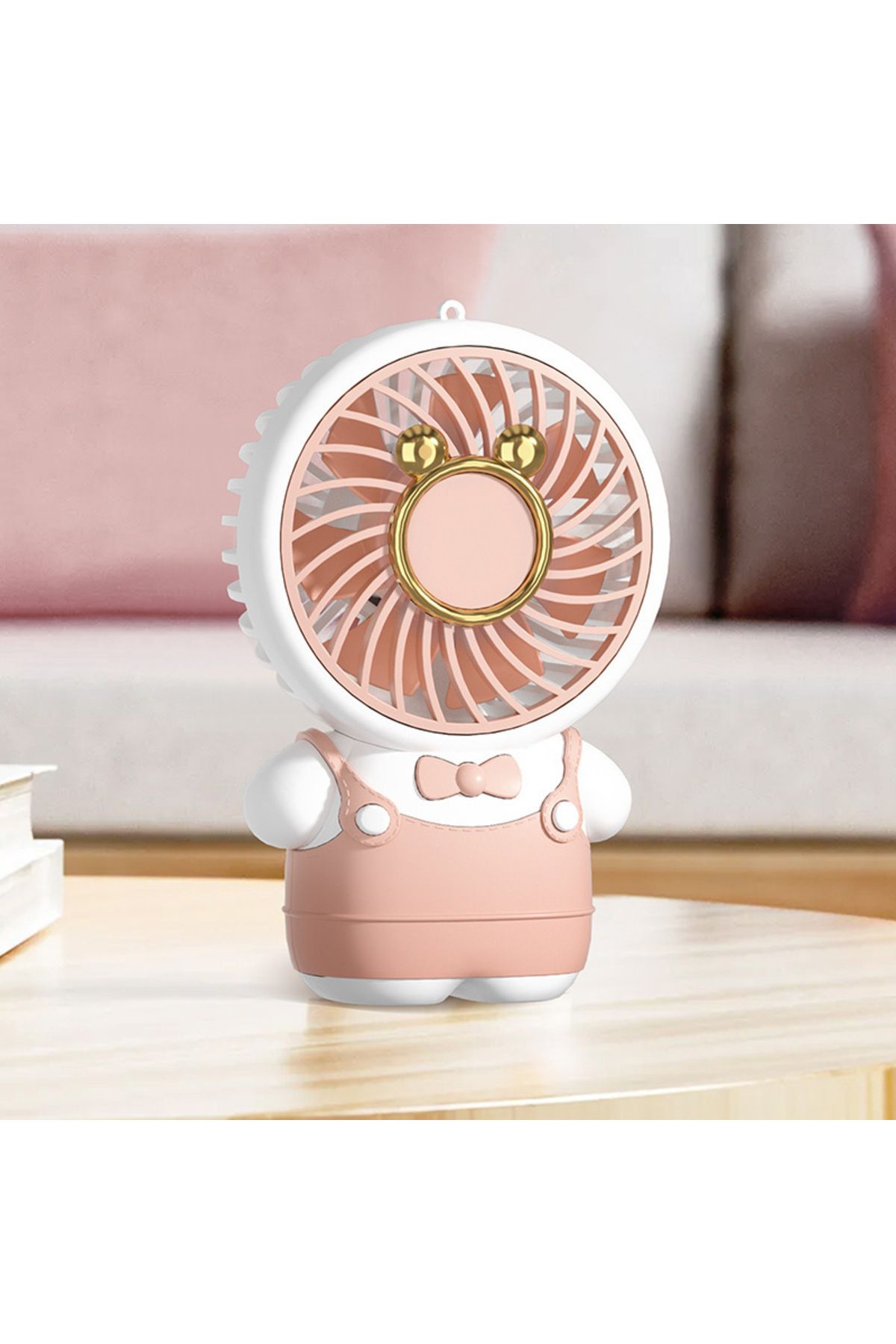 Livava Papyonlu Mini Fan Askılı, Usb li ve Şarj Edilebilir, Pembe, 13x8