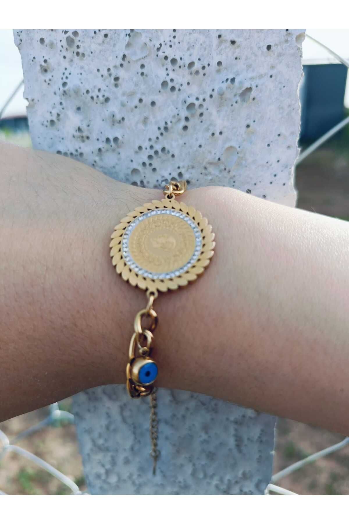 GLOW LUXE 316L Çelik Çeyrekli Gold Renk Vip Bileklik
