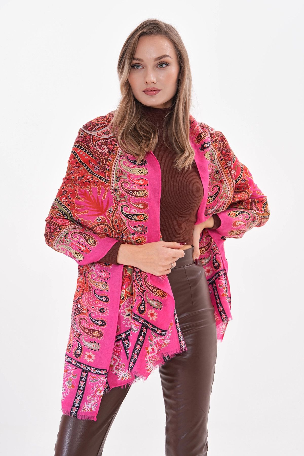 bacc Fuşya Patchwork Desenli Fransa Kumaşı Varaklı Şal BCNSV-2515176