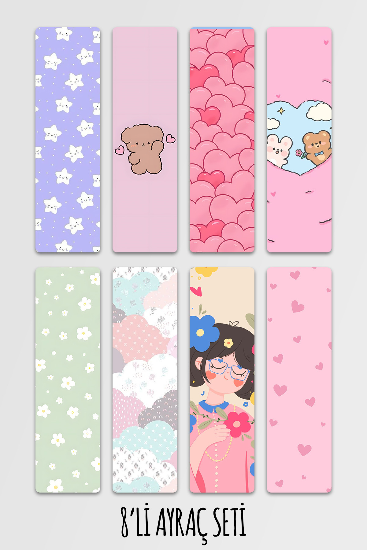 Anime Marketi Tatlı Desenli Estetik Ayraç Seti 8'li Kitap Ayracı Seti 14,50x5cm Boyutunda