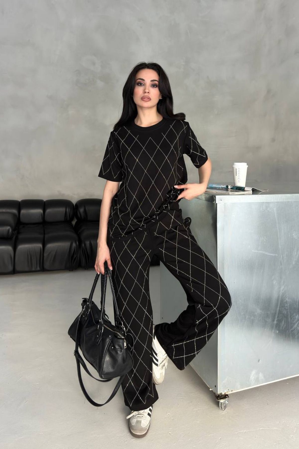 MOZENA Taşlı Modal Kumaş Bisiklet Yaka Bluz Pantolon 2'li Takım