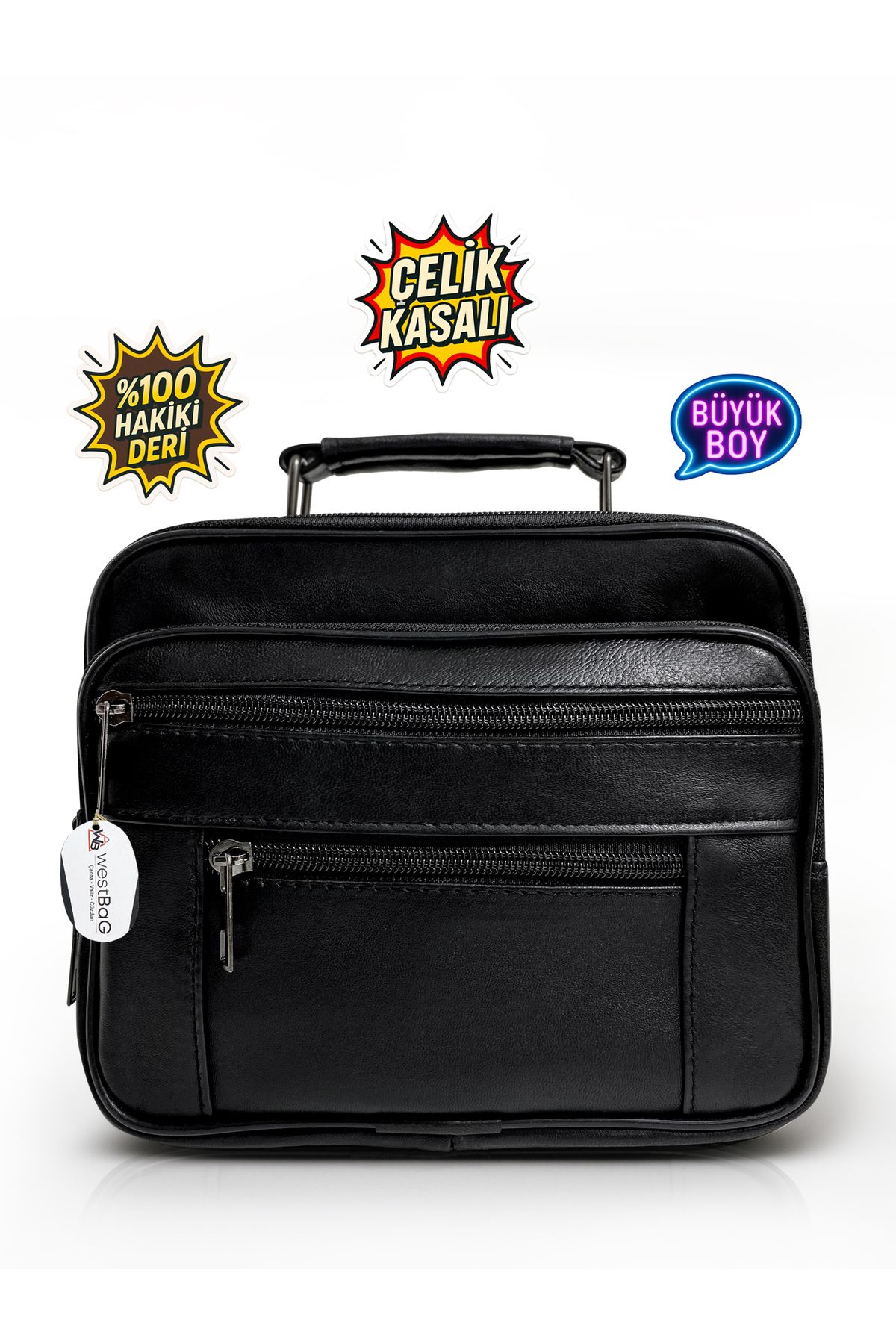 westbag Erkek Siyah Yatay Model Çelik Kasalı Hakiki Deri El Ve Omuz Çantası Büyük Boy