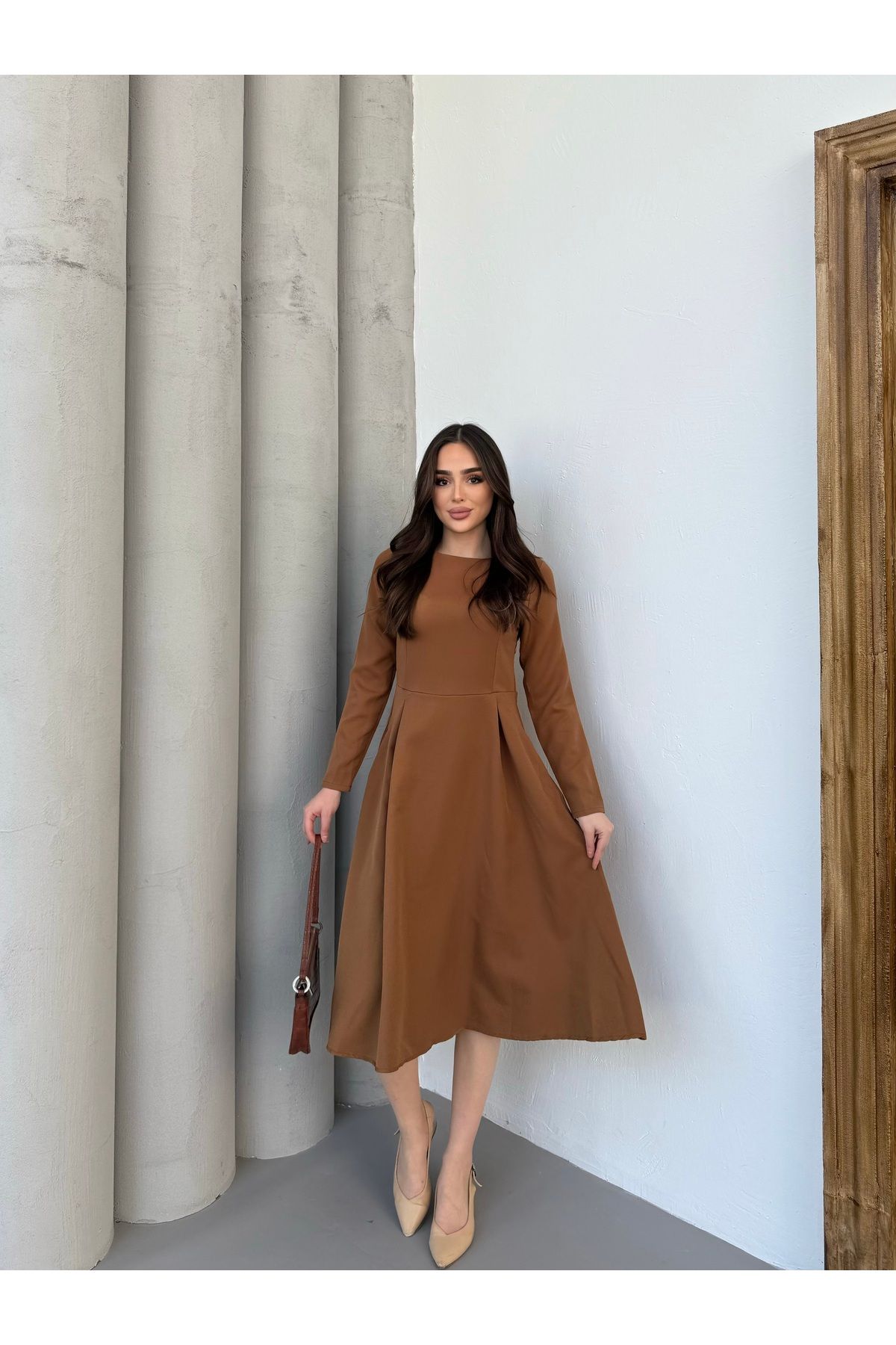 Anna Moda Kahverengi Midiboy Atlas Kumaş Elbise