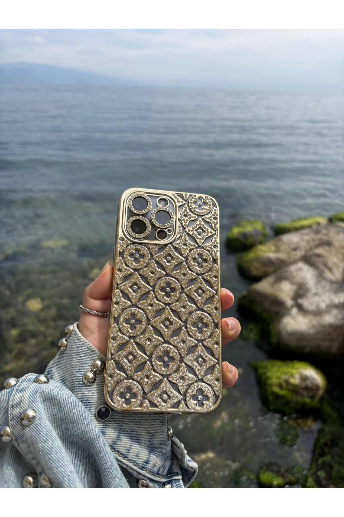 ccakgulcase Taşlı Gold İphone 15 Pro