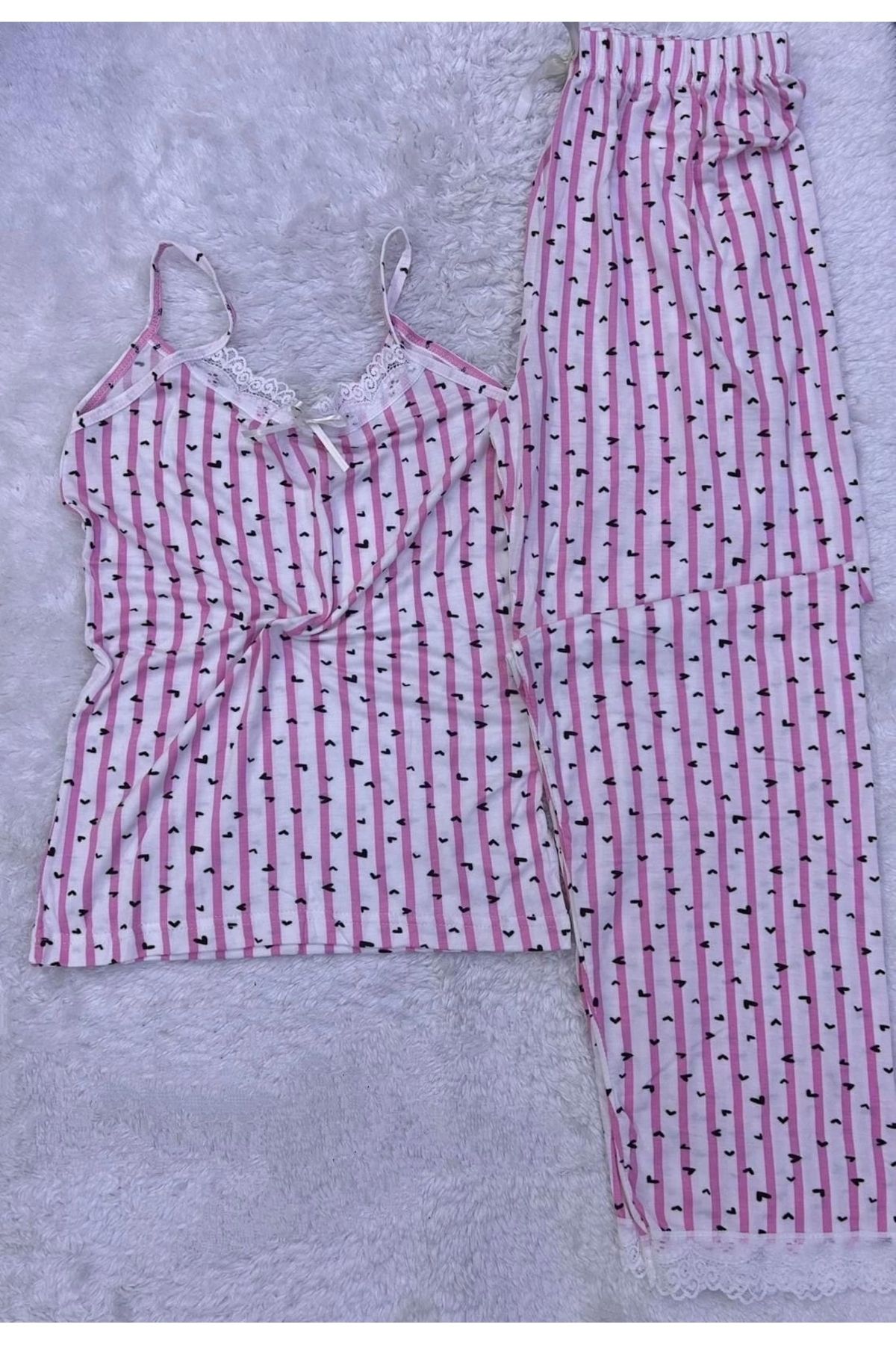 PHANTOM JEANS Kadın İp Askılı Dantel Detay Gecelik Yumuşak Dokulu Pijama Takımı
