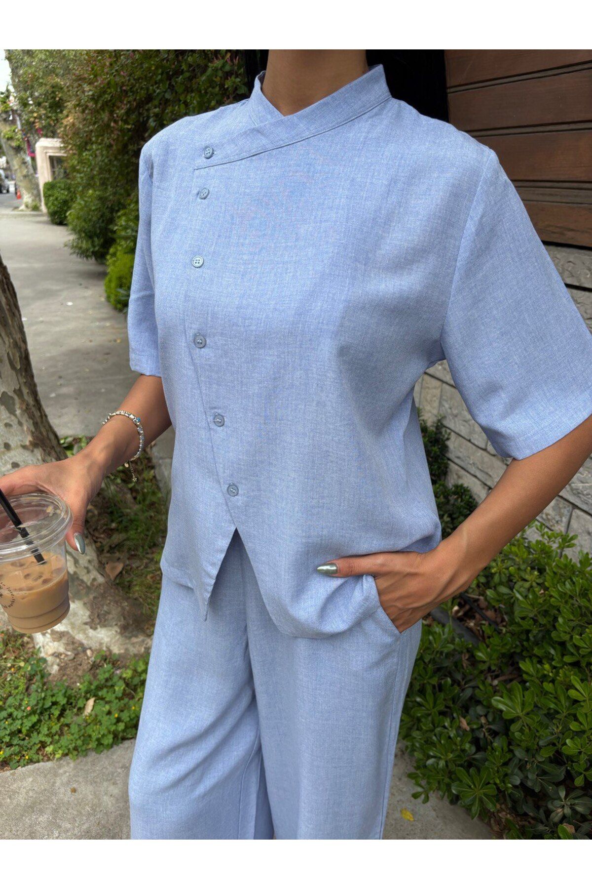 Butik asymetrical button butter keten takım