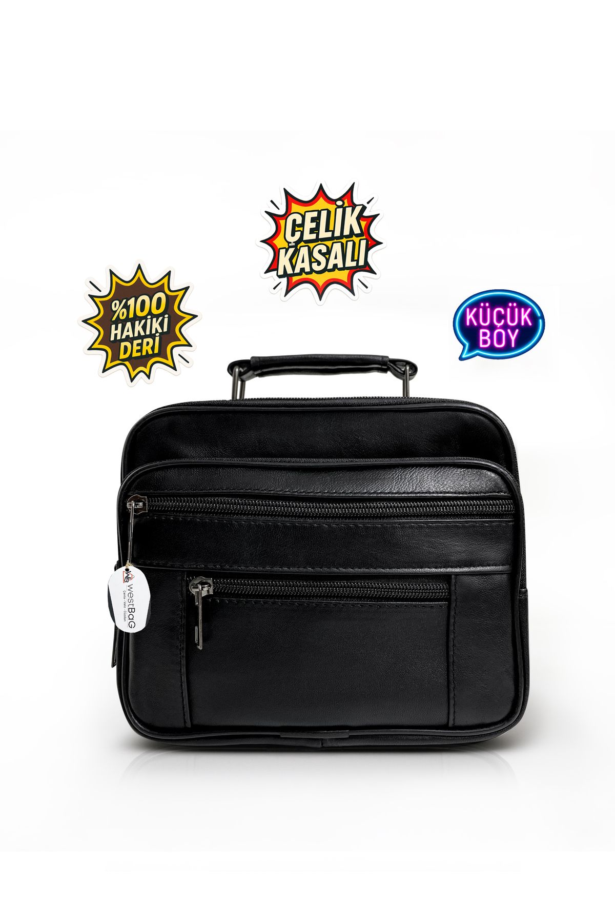 westbag Erkek Siyah Yatay Model Çelik Kasalı Hakiki Deri El Ve Omuz Çantası Küçük Boy