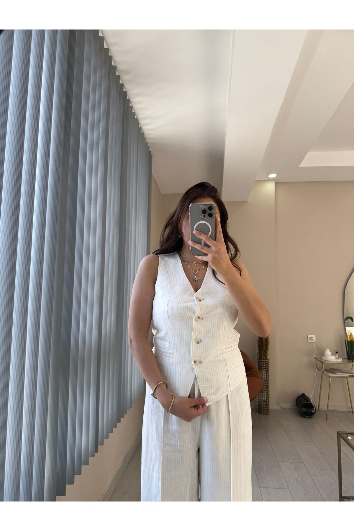 Home Beyaz çizgili keten beli lastikli takım