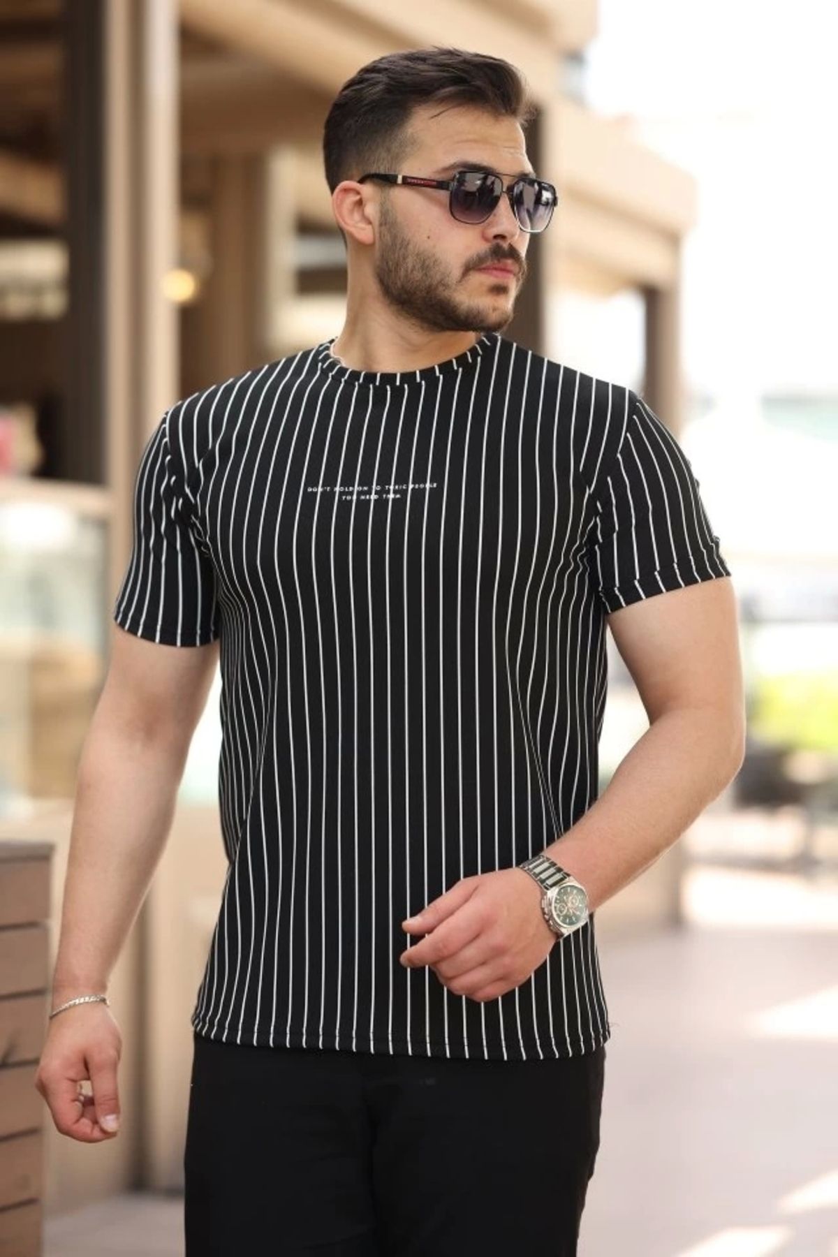 Silerra Erkek Dikey çizgili Ottoman Kumaş Kısa Kollu T-shirt