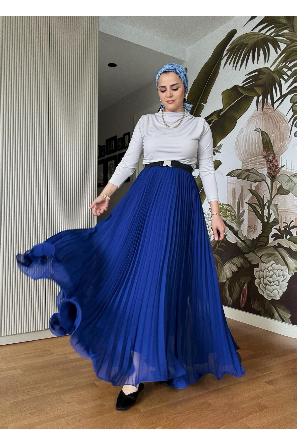 Aselim Hijap Moda Şifon Pileli Etekli Sandy Bluz Takım – Zamansız Şıklık SaxMavi